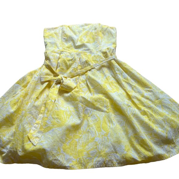 Lilly Pulitzer Size 6 Yellow & White Floral Swiss Dot Cotton Strapless Dress - Picture 1 of 16